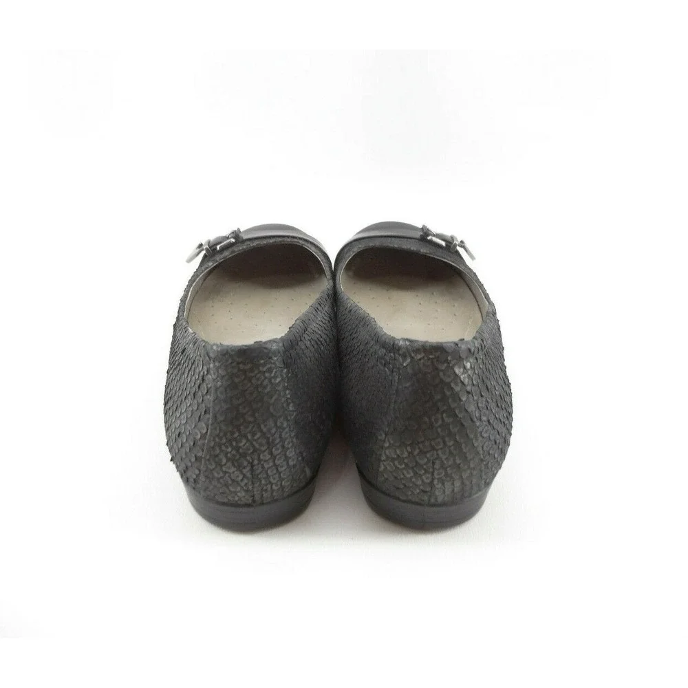 ECCO Womens SZ 38 EU 7-7.5US Black Leather Snake Skin Print Buckle Comfort Flats